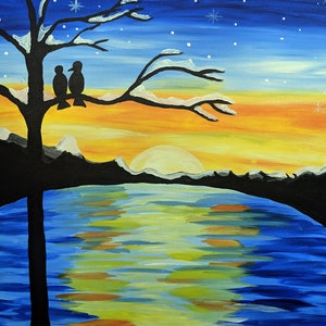 Love Birds at Sunset By Lake, Hand Painted,Acrylic on Canvas, 16x20