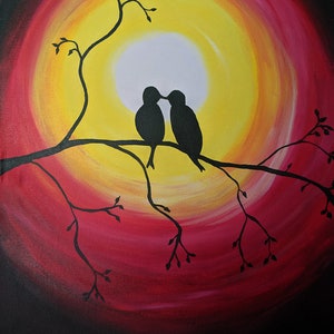 Love Birds bij zonsondergang, handgeschilderd, acryl op canvas, 16x20