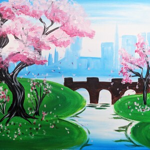 Bridge and Blossoms by the Lake, Hand Painted, Acrylic on Canvas, 16x20