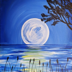 Moonlit Lake, Hand Painted, Acrylic on Canvas, 16x20