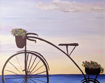 Bike with Basket of Flowers, Hand painted Acrylic on canvas, 16x20