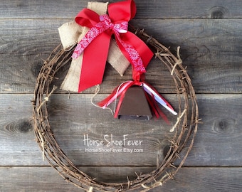 Red & Burlap Rustic Cowbell Barbwire Wreath. Country, Rustic Modern, Primitive Wreaths, Cowboy, Cowgirl, Ranch, Rodeo - Western Home Decor.