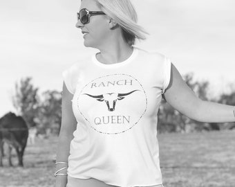 Ranch Queen Cowgirl Flowy Relaxed Tee Shirt, Longhorn, Rolled Cuff, Glitter, Outlaw, Farmer, Rancher, Women's, Country, Western Wear, Rodeo.