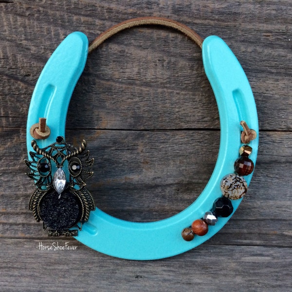 Blue Owl Horseshoe Decor, Equine, Rustic Modern, Beaded Horseshoe, Horse, Cowboy, Country Gifts, Rodeo, Ranch Farmhouse Western Kid Wall Art