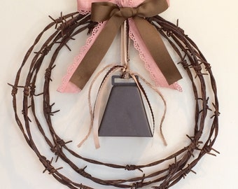 Rustic Home Decor, Cowbell Barbwire Wreath, Country, Cows, Cattle, Barbed Wire Art, Wreath, Cowboy, Cowgirl, Ranch. - Western Home Decor.