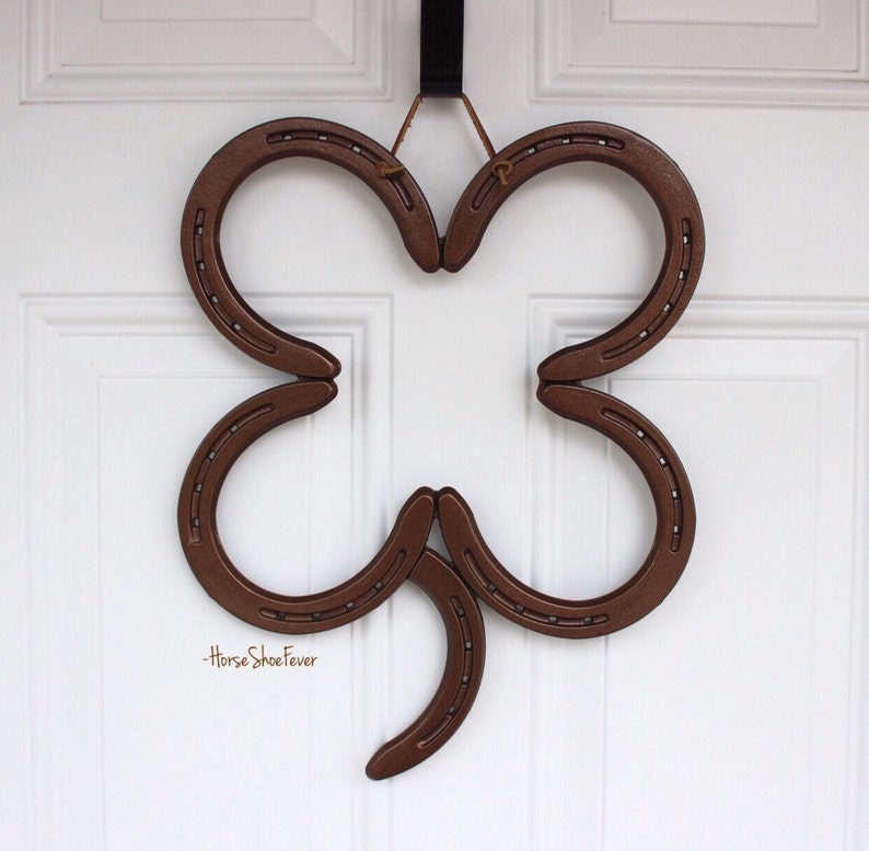 Welded Horseshoe Clover, St Patrick's Day, Door Decor, Farm, Good Luck, Ranch, Rodeo, Horseshoe Art, Cowboy, Country, Cowgirl, Western Horse image 1