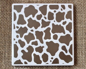 Cow Print Coasters in Brown, Square Sandstone Coasters, Cork, Drink, Ranchers, Cattle, Gifts, Farmhouse, Country, Western, Cowboy, Cowgirl