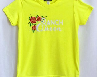 Youth Ranch Queen, Cowgirl Shirt, Western Shirt, Country Shirt, Farm, Top, Roses, Bling, Rodeo, Southern, Gifts, Bold, Spring, Youth Tees.