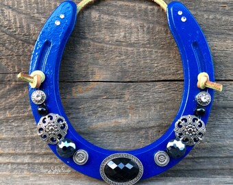 Vintage Blue Horseshoe Decor, Equestrian, Equine, Cowgirl, Rodeo, Rustic Modern, Beaded Horse, Cowboy, Country, Cabin, Ranch, Farm, Western.