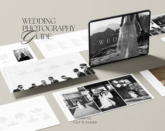 Könnte beinhalten: Ein schwarz-weißes Hochzeitsfotografie-Handbuch mit einem digitalen Tablet, auf dem ein Hochzeitsfoto angezeigt wird. Der Leitfaden enthält eine Checkliste, einen Zeitplan und eine Liste wichtiger Aufnahmen. Der Leitfaden wurde von Salt & Papier erstellt.