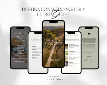 May include: A digital destination wedding guest guide for Italy, displayed on five smartphones. The guide includes a packing list, itinerary, and things to do. The central phone displays "Welcome to Tuscany" with a scenic landscape. The guide is made by Salt & Papier.