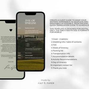May include: Two smartphones displaying a wedding day timeline and a thank you note. The timeline includes a schedule with times and events. The template is designed for digital use and formatted for mobile.