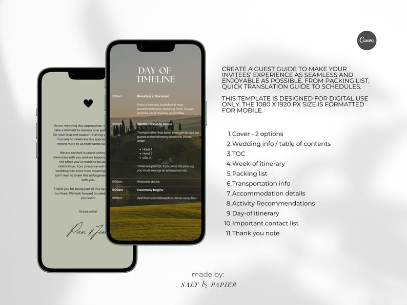 May include: Two smartphones displaying a wedding day timeline and a thank you note. The timeline includes a schedule with times and events. The template is designed for digital use and formatted for mobile.