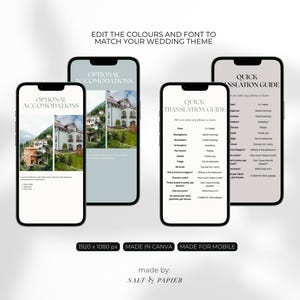 May include: Four smartphones displaying wedding planning content. The screens show "Optional Accommodations" and "Quick Translation Guide" with text and images. The text "Edit the colours and font to match your wedding theme" is at the top.