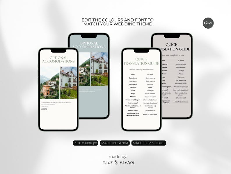 May include: Four smartphones displaying wedding planning content. The screens show "Optional Accommodations" and "Quick Translation Guide" with text and images. The text "Edit the colours and font to match your wedding theme" is at the top.