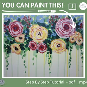 Puede incluir: Una descarga digital de un tutorial de pintura paso a paso que presenta un arreglo floral con rosas rosas, amarillas y rojas, hojas verdes y un fondo azul claro. El texto "YOU CAN PAINT THIS!" está en la parte superior de la imagen.