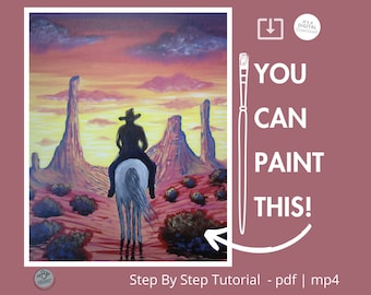 Cowboy On A White Horse Acrylic Painting Tutorial Step-by-step Southwest Sunset Instruction Landscape Tutorial How-To Paint Party DIY Artful