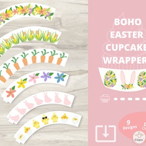 Puede incluir: Nueve diseños imprimibles para envoltorios de magdalenas con un tema boho de Pascua. Los diseños incluyen zanahorias, flores, conejos, pollitos y huevos. El texto "BOHO EASTER CUPCAKE WRAPPERS" se muestra sobre un fondo rosa.