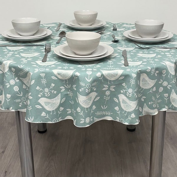 Round Cotton Tablecloth - Sea Foam Scandinavian Birds