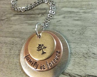 Family tree,mom, family,couple, personalized , kids name, family name, birthstones, mixed metal, gold, copper, silver, Hand stamped necklace