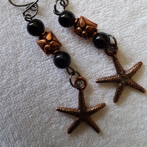 Starfish Dangle Earrings! Copper Starfish, Beach, Seaside, Black Accents, Sea Shells, Summer.