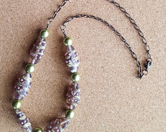 Lampwork Bead Necklace, Lavender, Lime Green and Yellow Swirl Lampwork Beads, Accented with Lime Green Round Beads