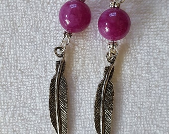 Feathers!  Sensational Magenta Czech Glass Bead and Antique Silver Plated Feather Dangle Earrings.