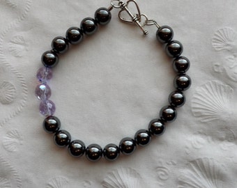 Glamorous Black & Faceted Lavender Glass Bead Bracelet with Heart Toggle Clasp, Valentine's Day