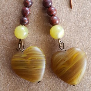 Smooth Agate Stone Earrings, Heart, Bronze Glass Beads and Yellow Glass Bead