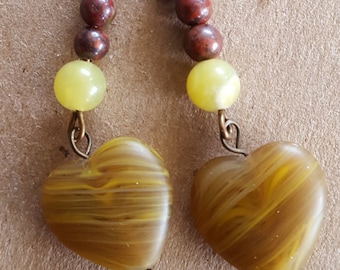 Smooth Agate Stone Earrings, Heart, Bronze Glass Beads and Yellow Glass Bead