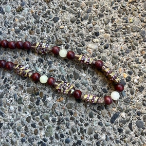 Lampwork Bead Necklace, Wood Beads, Copper Clasp, Translucent Cream Beads, Lavender and Khaki Swirl Lampwork Beads