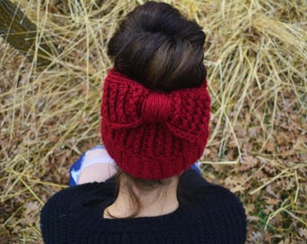 Bun Beanie, Messy Bun Bow Hat, Hat W Bow, Handmade Crochet, Crochet Hat, Ponytail Hat, Ponytail Beanie, Bun Beanie | Choose Your Color