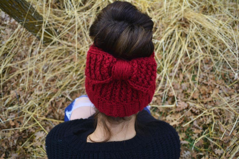 Bun Beanie, Messy Bun Bow Hat, Hat W Bow, Handmade Crochet, Crochet Hat, Ponytail Hat, Ponytail Beanie, Bun Beanie Choose Your Color image 1