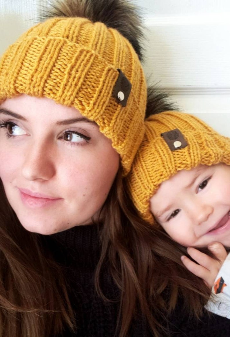 Mommy & Me Knit Beanies With Faux Fur Detachable Poms, Mommy And Me Winter Hats THE THANKFUL SET In SunGold image 6