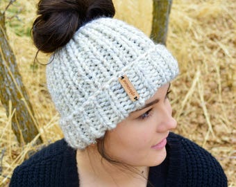 Chunky Messy Bun Beanie, Messy Bun Hat, Ponytail Hat, Handmade Crochet Ponytail Hat, Shown Here In Wheat | Choose Your Color