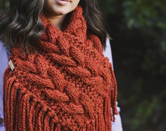 Chunky Knit Cowl, Fringe Scarf, Fringe Cowl \ Choose Your Color- The Autumn Cables Cowl