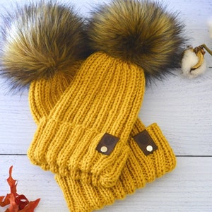 Mommy & Me Knit Beanies With Faux Fur Detachable Poms, Mommy And Me Winter Hats THE THANKFUL SET In SunGold image 2