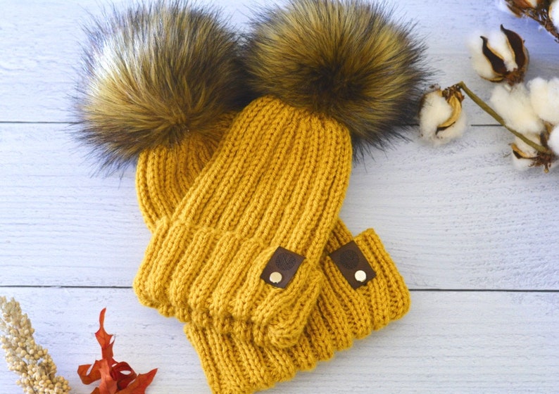 Mommy & Me Knit Beanies With Faux Fur Detachable Poms, Mommy And Me Winter Hats THE THANKFUL SET In SunGold image 2