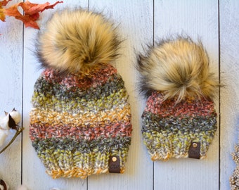 Chunky Knit Hats With Faux Fur Poms, Custom Mommy And Me Hats | THE AUTUMN SET