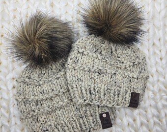 Chunky Knit Hats With Faux Fur Poms, Custom Mommy And Me Hats/ shown here in color 'oatmeal' not on color chart