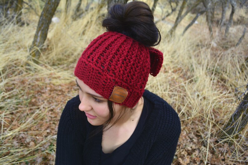 Bun Beanie, Messy Bun Bow Hat, Hat W Bow, Handmade Crochet, Crochet Hat, Ponytail Hat, Ponytail Beanie, Bun Beanie Choose Your Color image 5