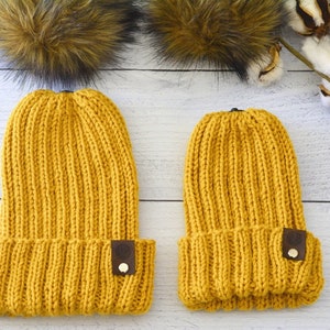 Mommy & Me Knit Beanies With Faux Fur Detachable Poms, Mommy And Me Winter Hats THE THANKFUL SET In SunGold image 3