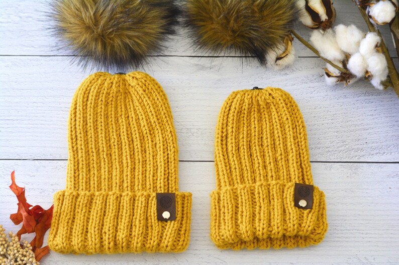 Mommy & Me Knit Beanies With Faux Fur Detachable Poms, Mommy And Me Winter Hats THE THANKFUL SET In SunGold image 3