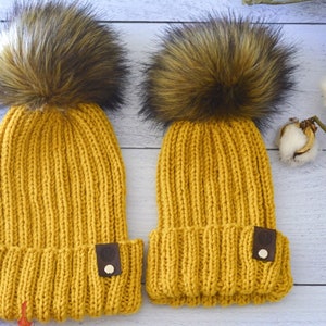 Mommy & Me Knit Beanies With Faux Fur Detachable Poms, Mommy And Me Winter Hats THE THANKFUL SET In SunGold image 1