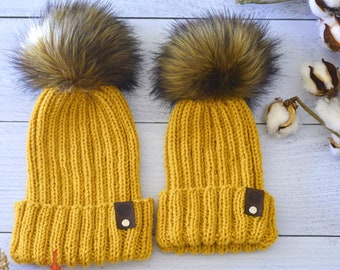 Mommy & Me Knit Beanies With Faux Fur Detachable Poms, Mommy And Me Winter Hats | THE THANKFUL SET \In SunGold