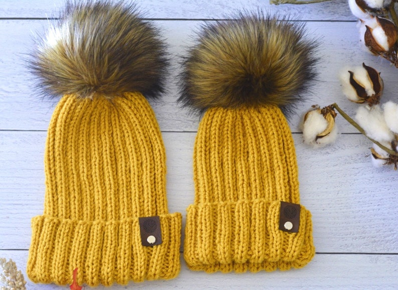 Mommy & Me Knit Beanies With Faux Fur Detachable Poms, Mommy And Me Winter Hats THE THANKFUL SET In SunGold image 1