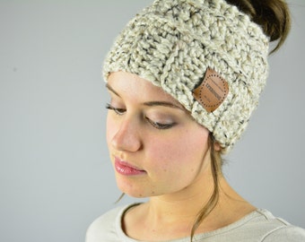 Chunky Messy Bun Beanie, Messy Bun Hat, Ponytail Hat, Handmade Crochet Ponytail Hat, Shown Here In Oatmeal | Choose Your Color