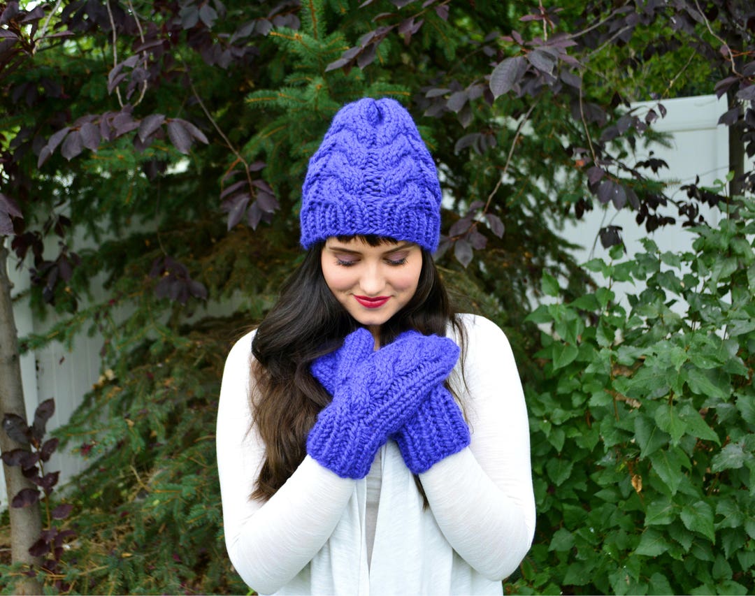 Chunky Cable Knit Hat & Mittens Set, Knit Hat, Knit Mittens, Gloves and Hat Set, Cable Knit Hat