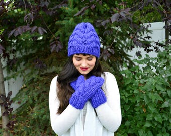 Chunky Cable Knit Hat & Mittens Set, Knit Hat, Knit Mittens, Gloves and Hat Set, Cable Knit Hat, Cable Knit Mittens