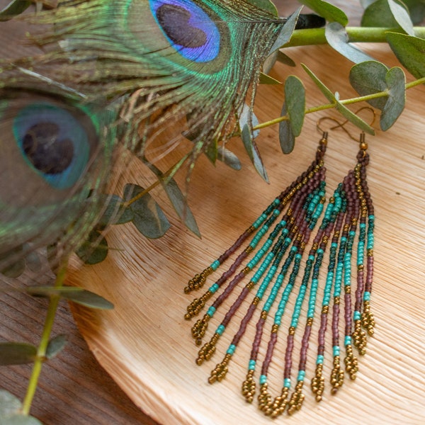 Earrings peacock, turquoise, green gold, teal, brown, brick stitch threaded seed beads on sturdy C-Lon wire, with beaded fringe, boho style